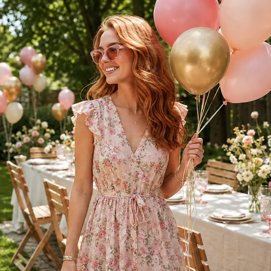 Smiling guest holding pink and gold balloons at an outdoor garden party
