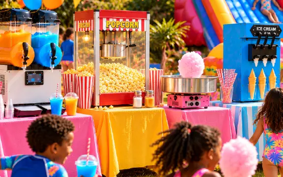 Slush, popcorn, soft serve and candyfloss laid out together from the Purfect Events fun food range