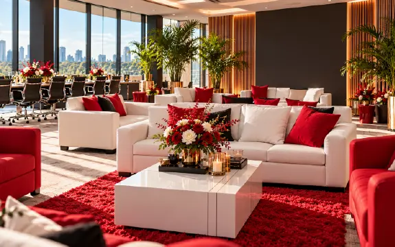 White lounge furniture and low tables set up by Purfect Events for a corporate activation