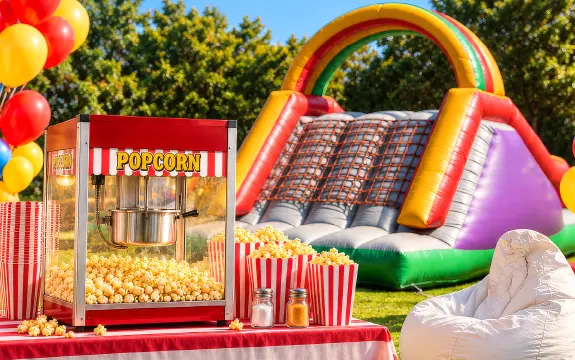Purfect Events popcorn machine with freshly popped corn and striped serving boxes