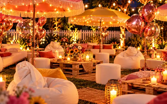 White bean bags and low seating set out on a lawn for a Purfect Events garden function