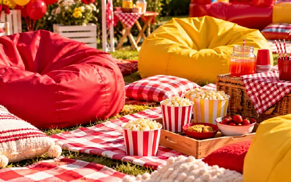 Children in party hats around a decorated table at an outdoor summer birthday party