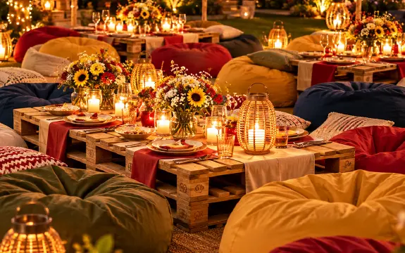 Bean bags arranged around a low pallet table with flowers at an outdoor Purfect Events function